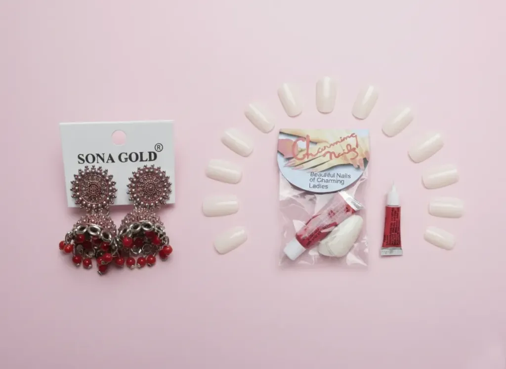 Charming Nails Artificial Fake Nails with Glue + Sona Gold Designer Earrings Combo for Women & Girls