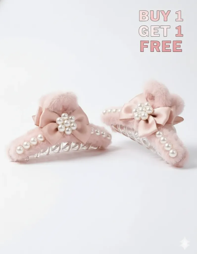 Fluffy Pearl Hair Claw Clip for Girls & Women | Soft Fur Bow Design | Buy 1 Get 1 Free | Random Color | Pack of 2